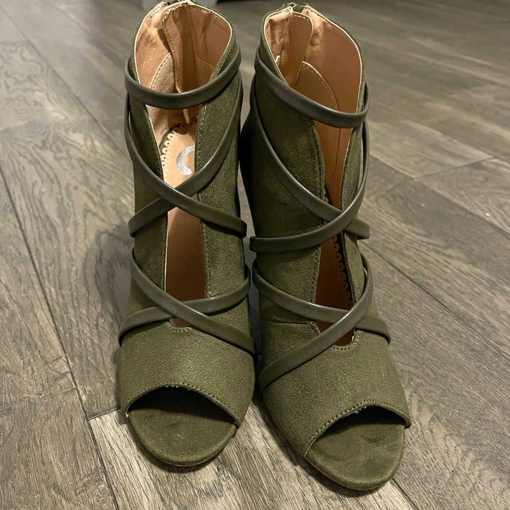 Olive Green Suede Lace-Up Heeled Booties | Open Toe Stiletto | Size 6 - Picture 8 of 10